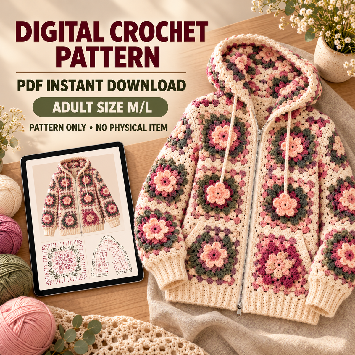Crochet Flower Hoodie Pattern PDF, Granny Square Zip Up Jacket, Oversized Adult M/L