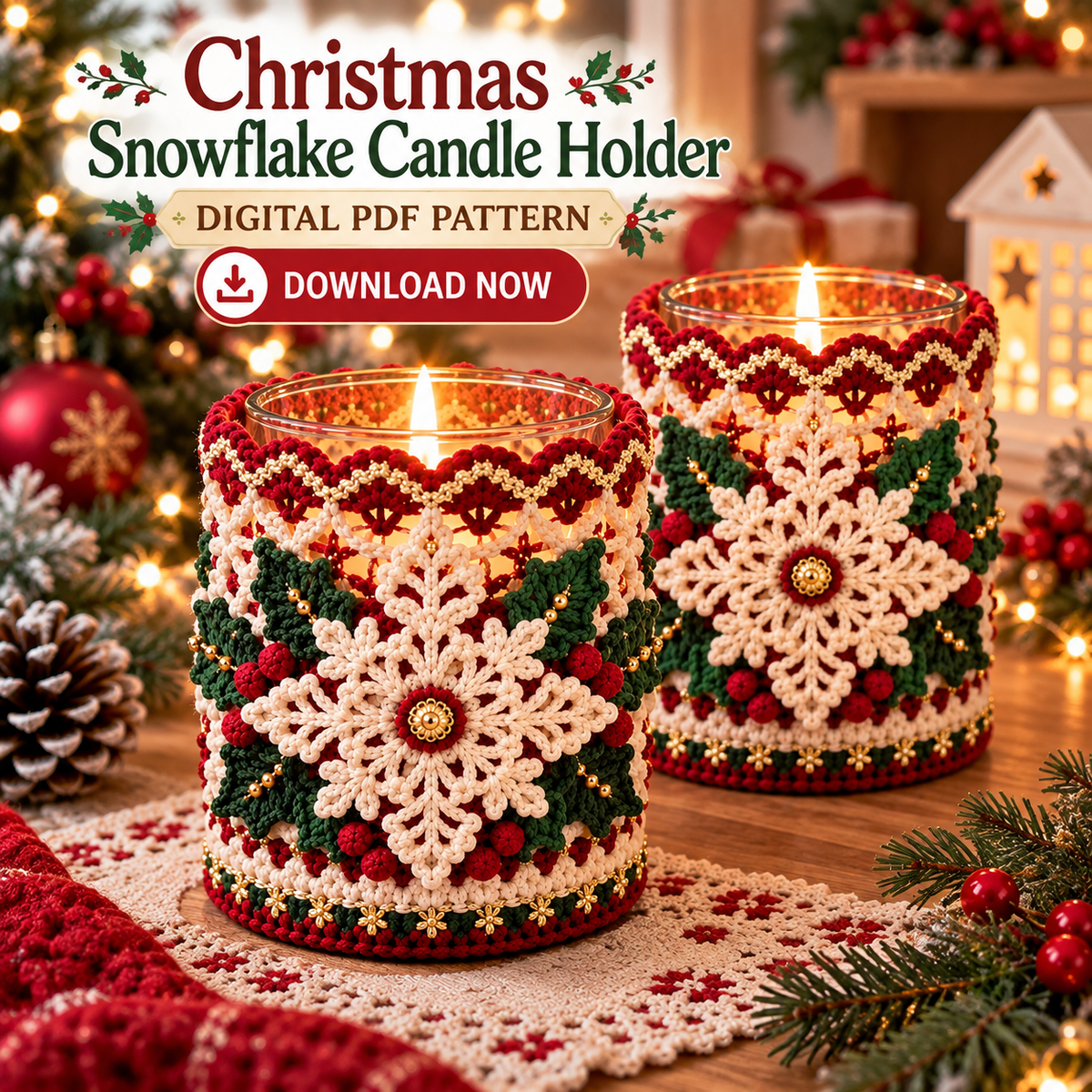 Christmas Snowflake Candle Holder Crochet Pattern PDF | Holiday Jar Sleeve
