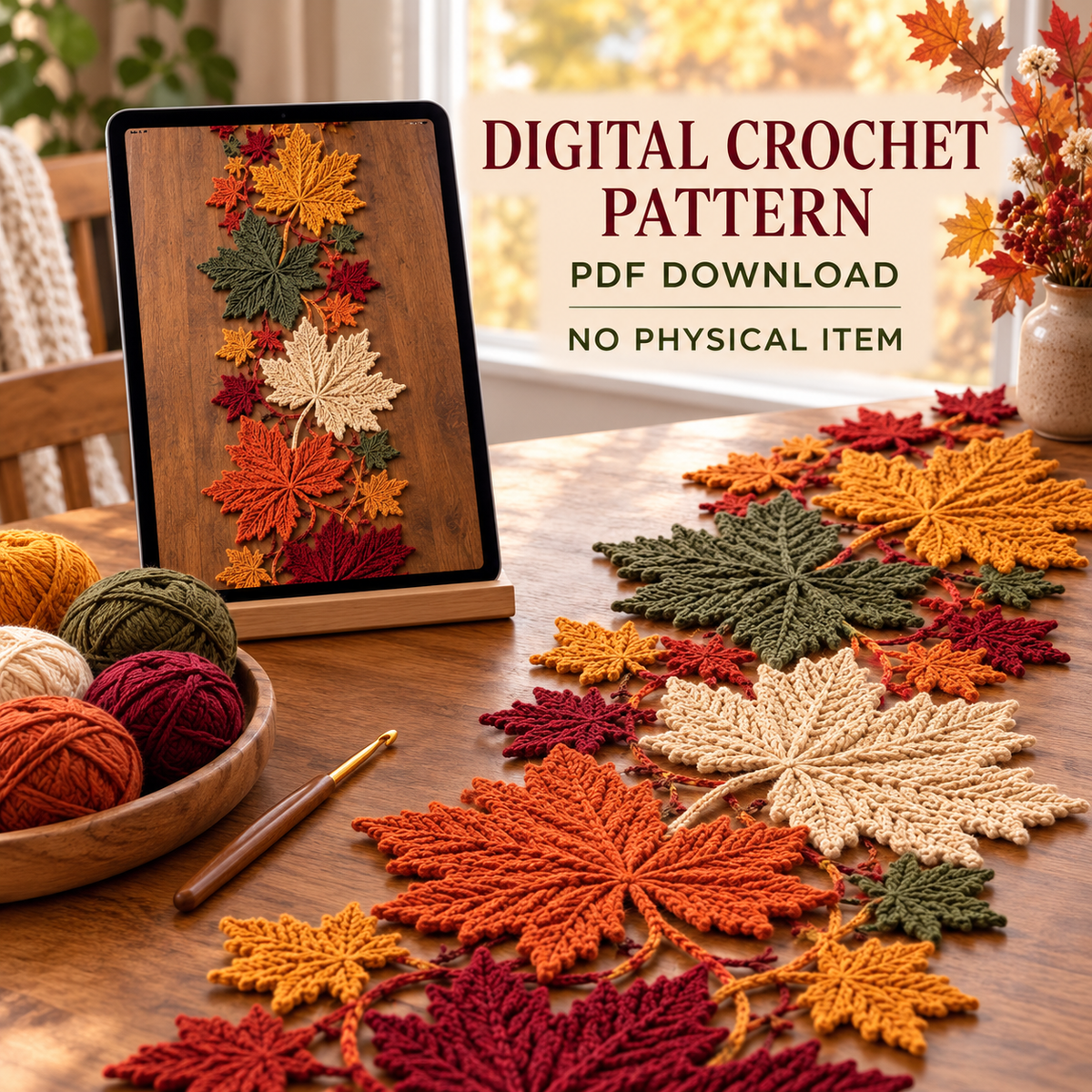 Autumn Maple Leaf Table Runner Crochet Pattern PDF – Fall Table Decor