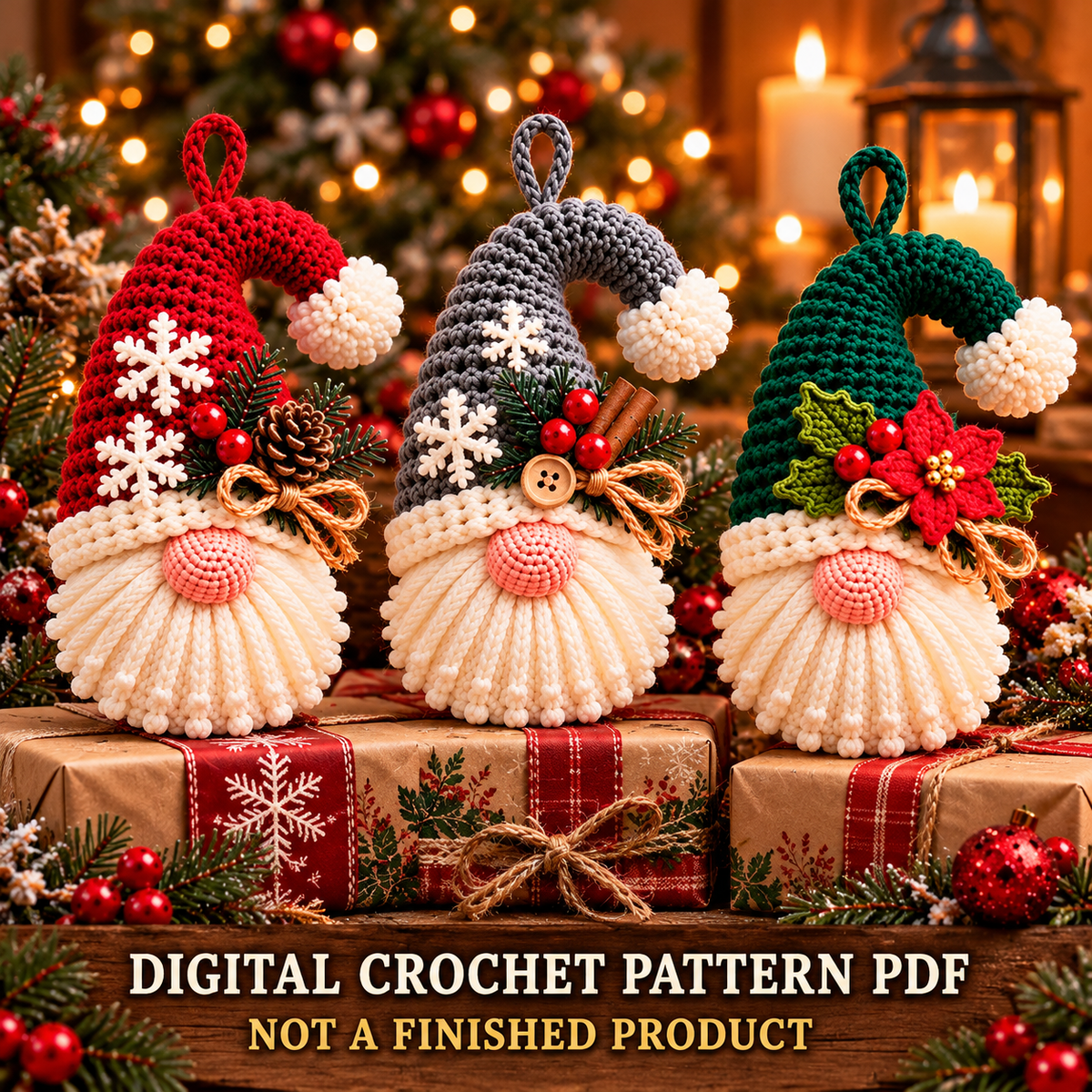Christmas Hanging Gnome Crochet Pattern PDF | 3 Festive Gnome Ornaments