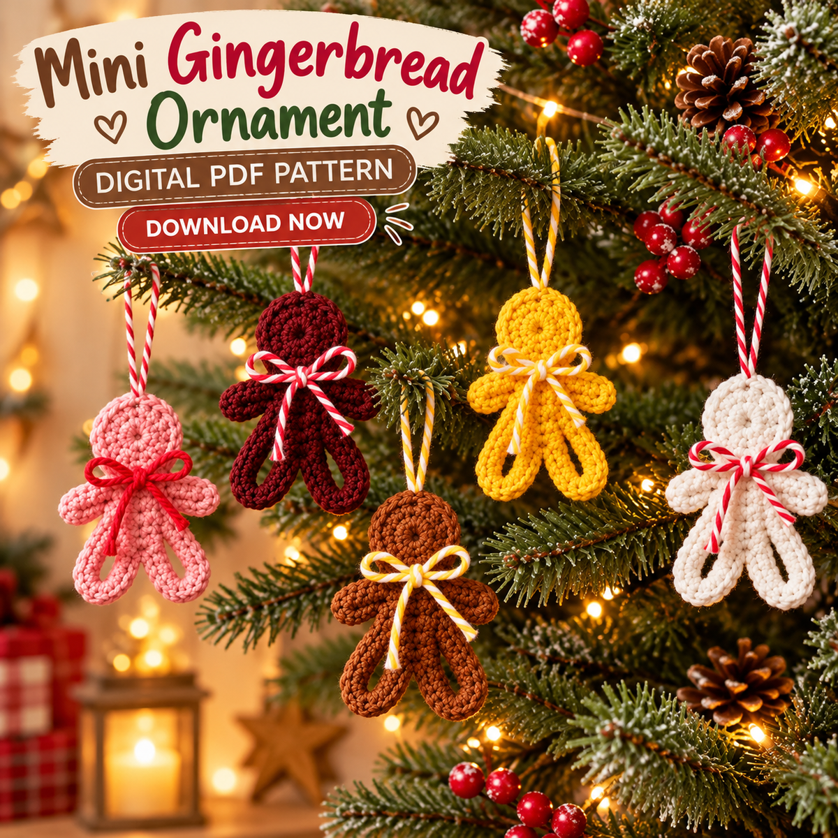 Mini Gingerbread Man Crochet Pattern PDF | Christmas Tree Ornament