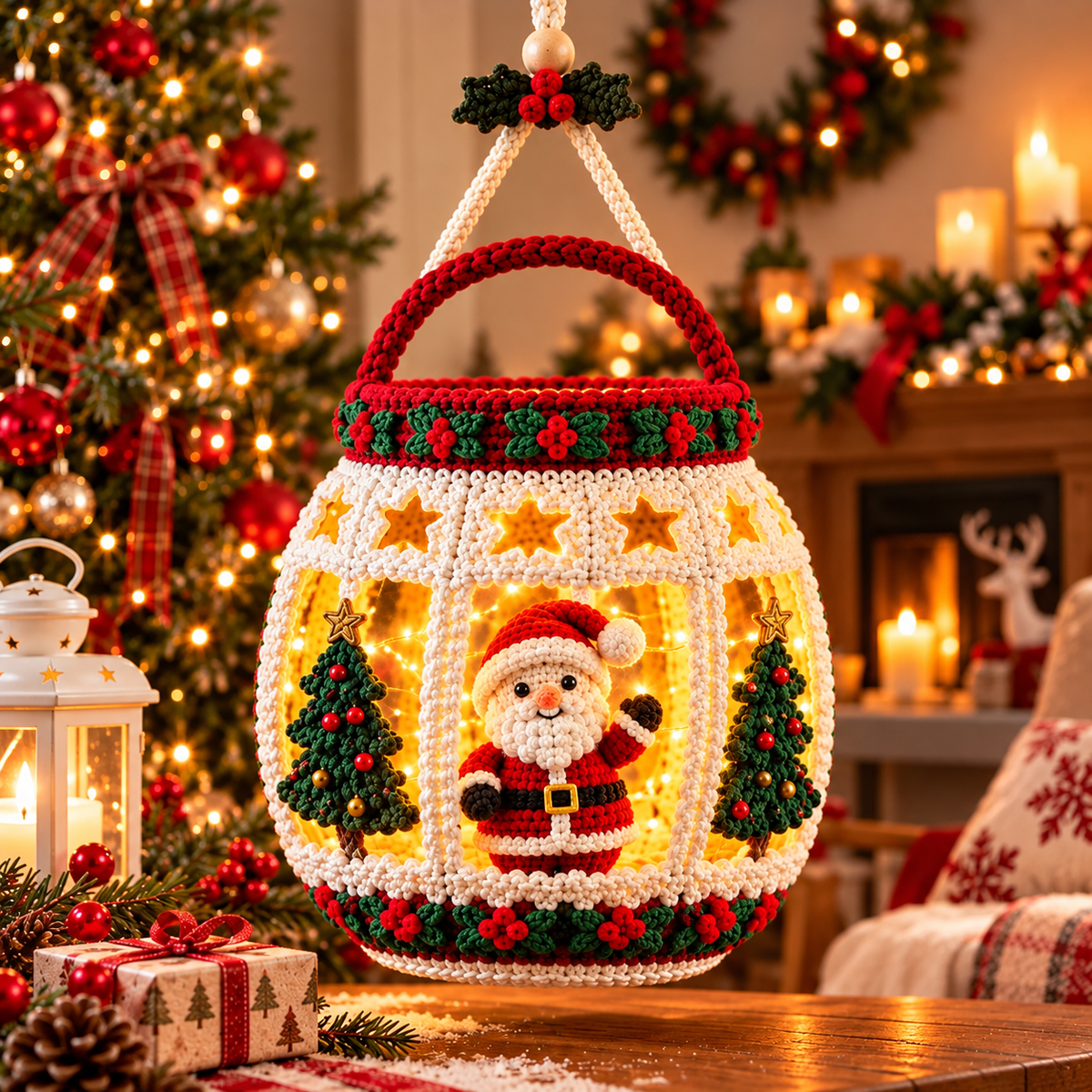 Santa Christmas Lantern Crochet Pattern PDF | Light Up Hanging Decor