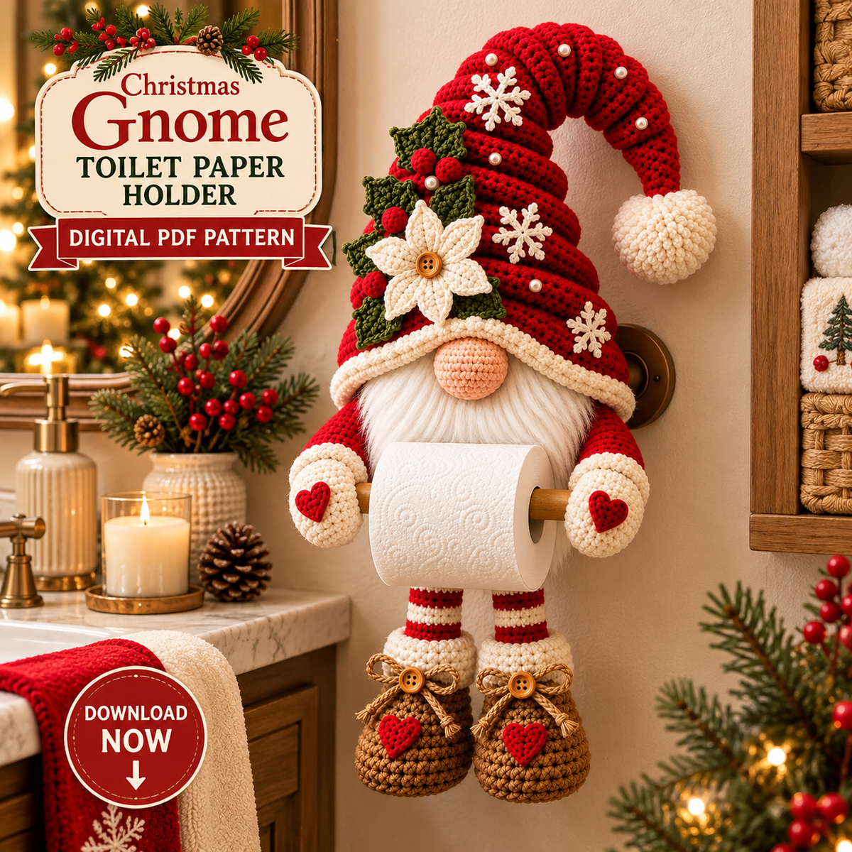 Christmas Gnome Toilet Paper Holder Crochet Pattern PDF | Holiday Bathroom Decor