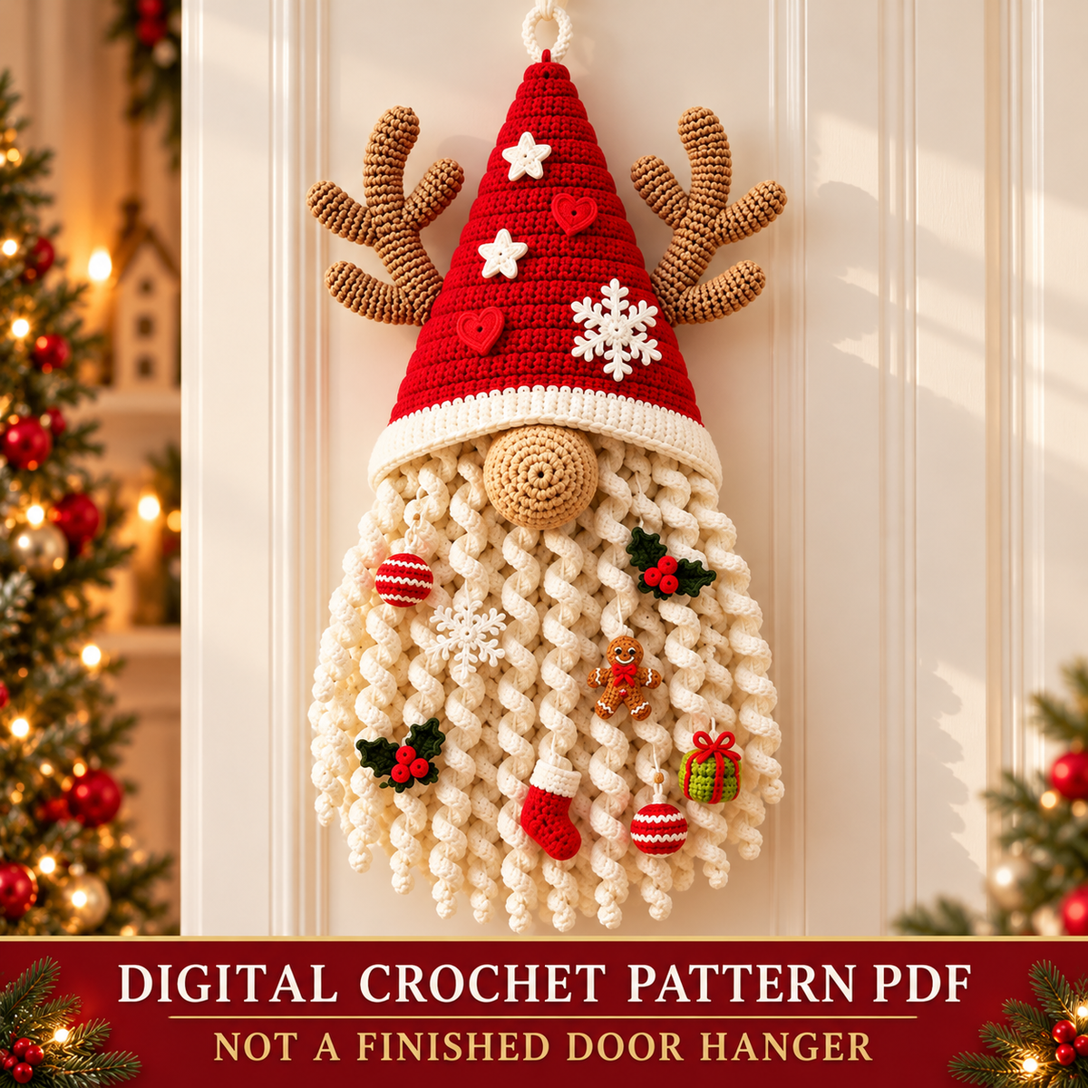 Christmas Gnome Door Hanger Crochet Pattern PDF | Santa Reindeer Wall Decor