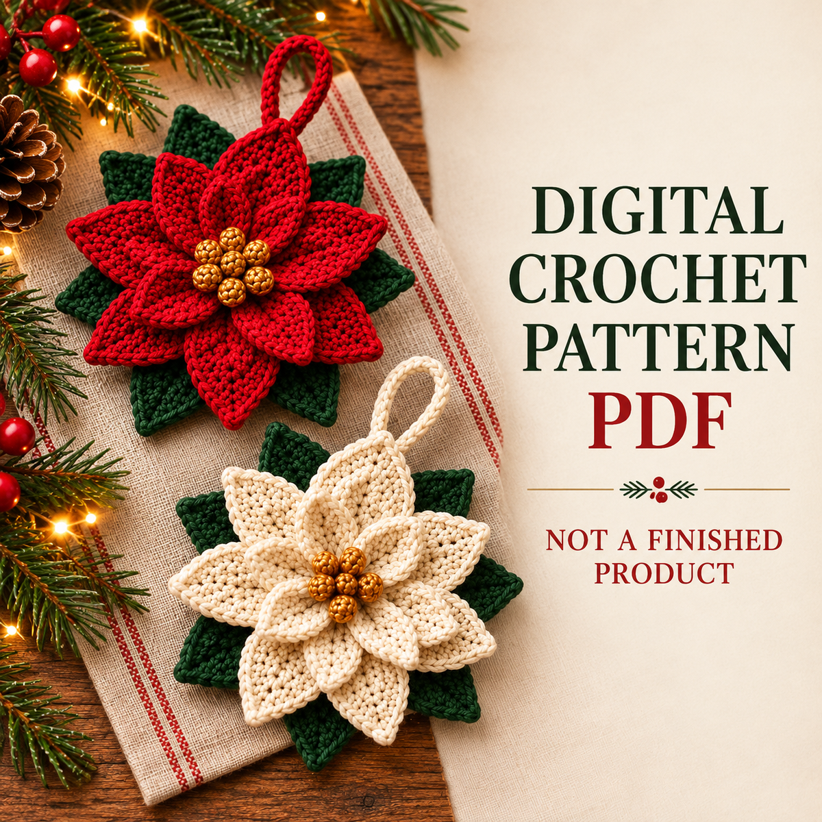 Crochet Poinsettia Christmas Ornament Pattern PDF | Layered Flower Decor