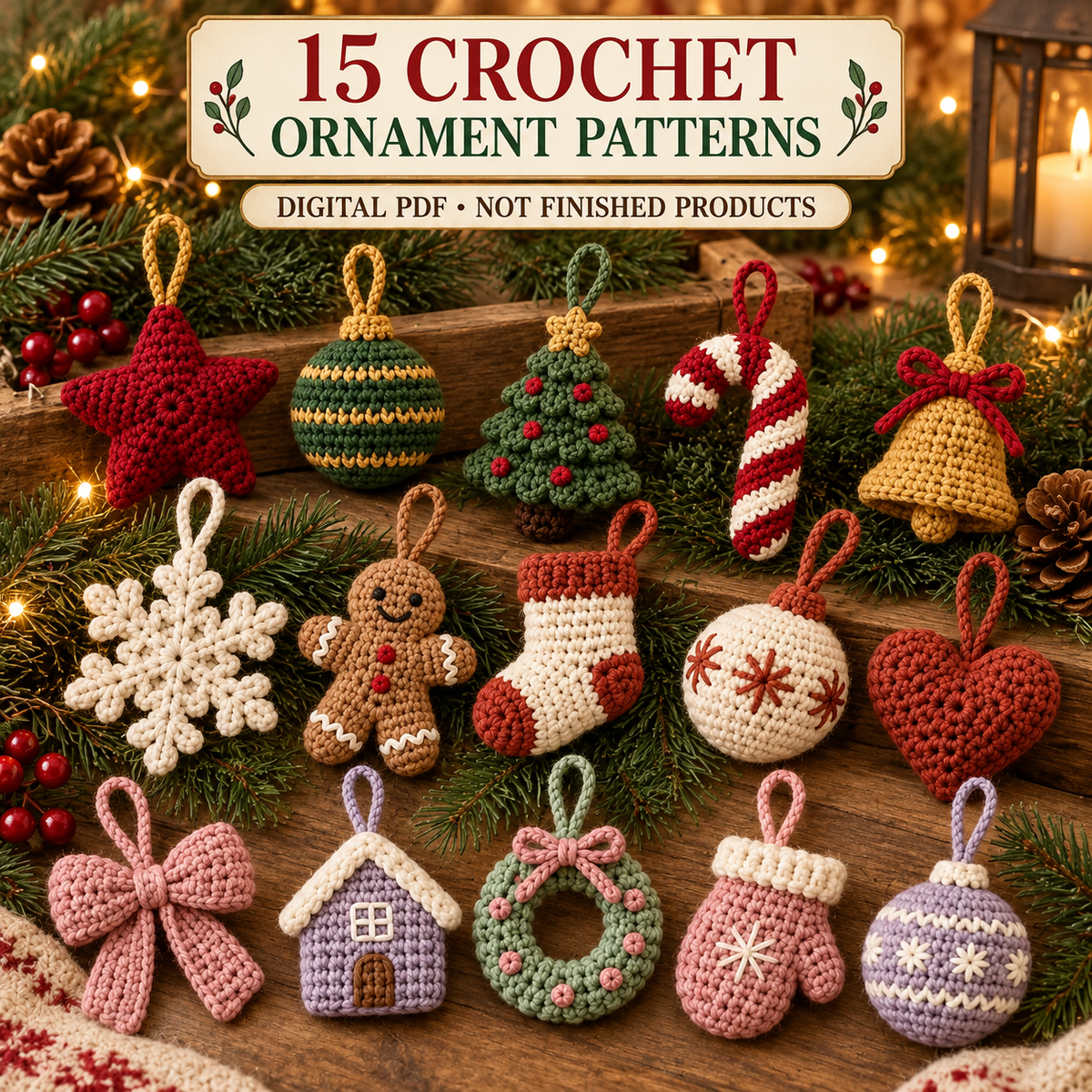 Christmas Crochet Ornament Pattern Bundle PDF | 15 Mini Tree Decorations