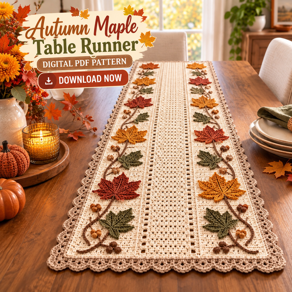 Autumn Maple Leaf Table Runner Crochet Pattern PDF | Fall Acorn Decor