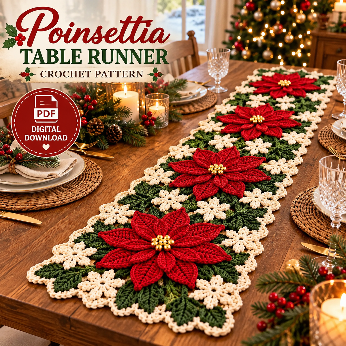Christmas Poinsettia Table Runner Crochet Pattern PDF | Floral Holiday Decor