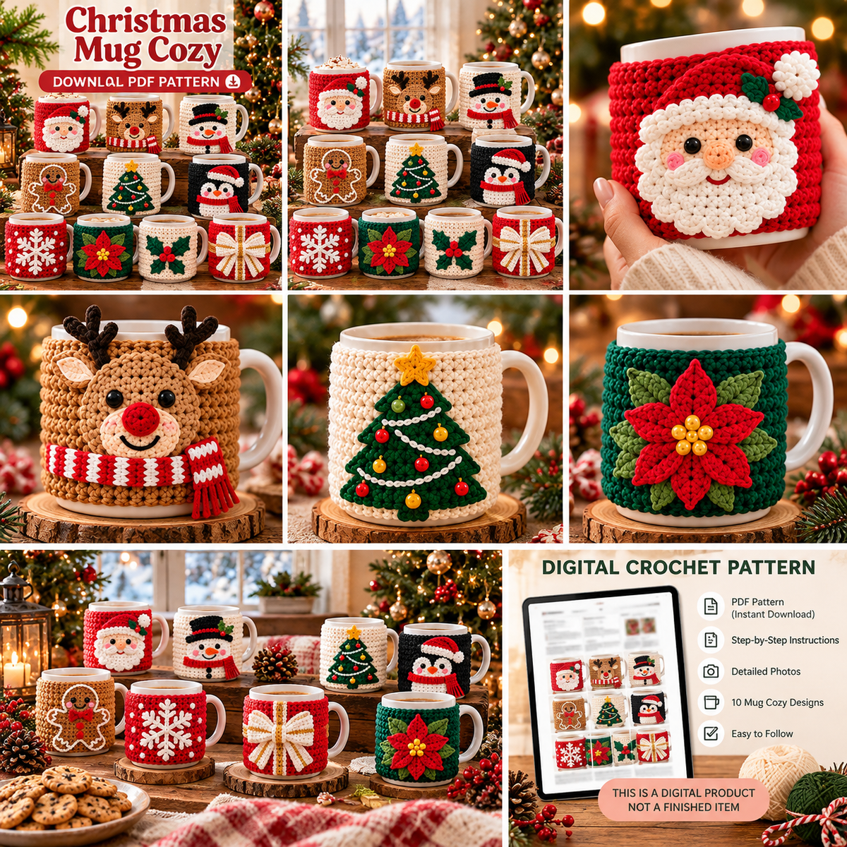 Christmas Mug Cozy Crochet Pattern Bundle PDF | 10 Holiday Designs
