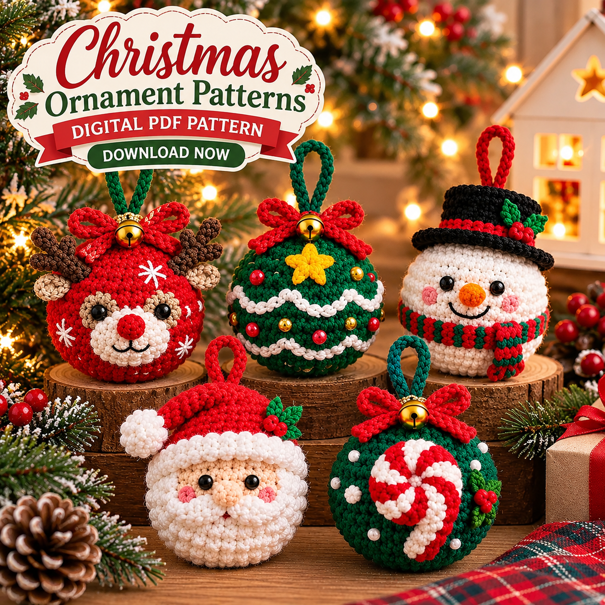 6 Christmas Bauble Crochet Patterns PDF | Santa, Reindeer & Snowman Ornaments