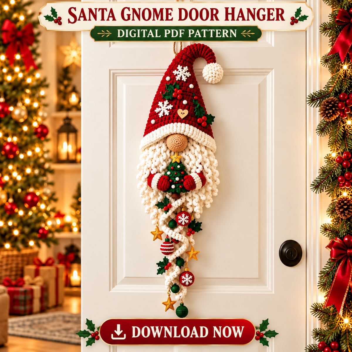 Santa Gnome Door Hanger Crochet Pattern PDF | Christmas Wall Decoration