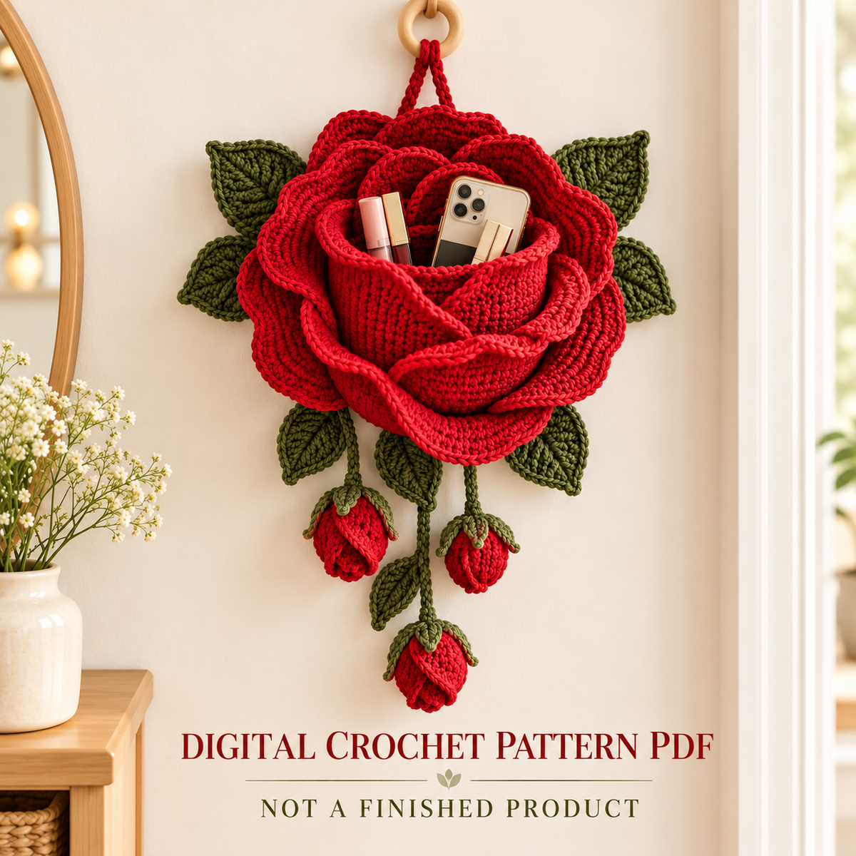 Crochet Rose Wall Organizer Pattern PDF | 3D Flower Hanging Storage