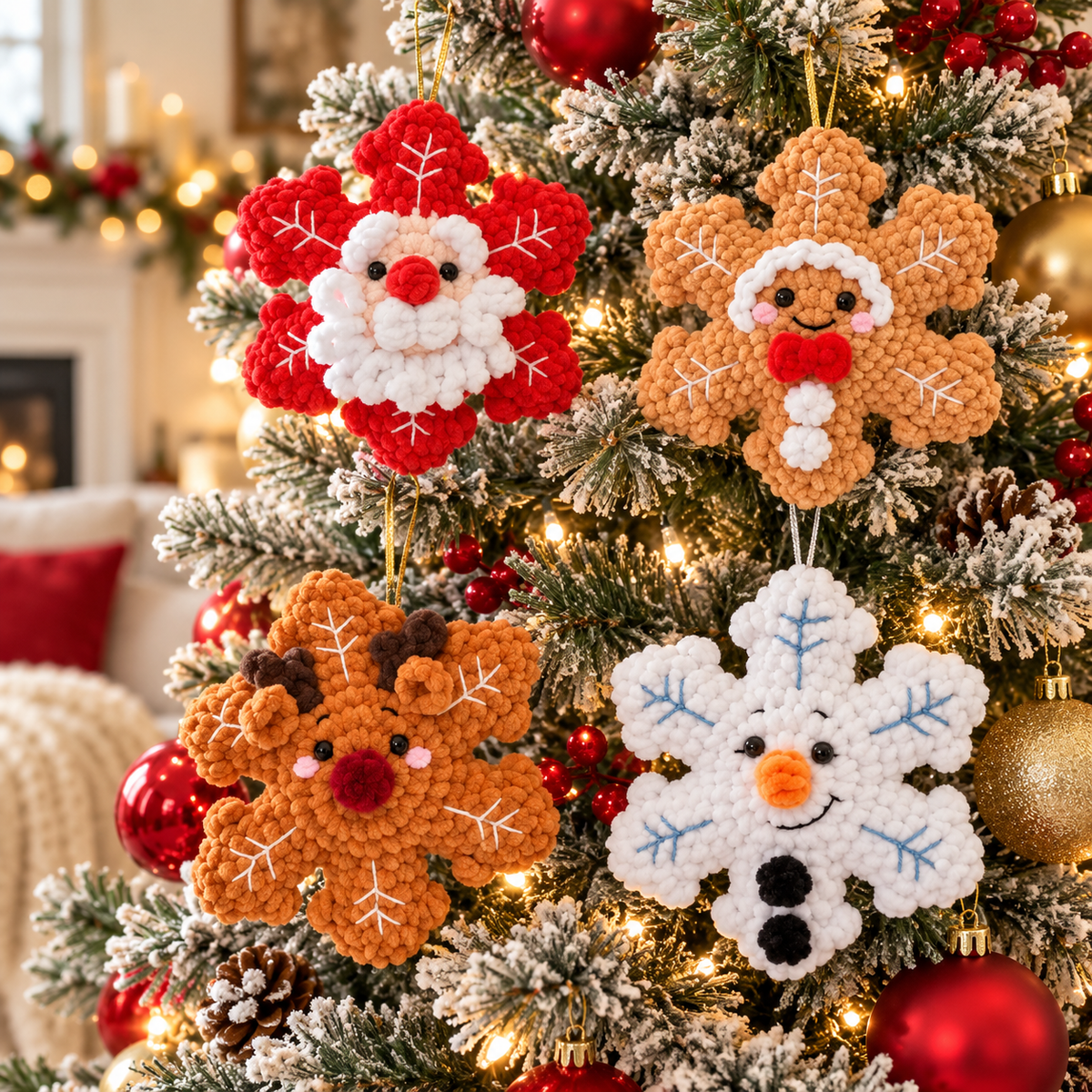 Christmas Snowflake Amigurumi Crochet Pattern, No Sew Santa Gingerbread Reindeer Snowman PDF