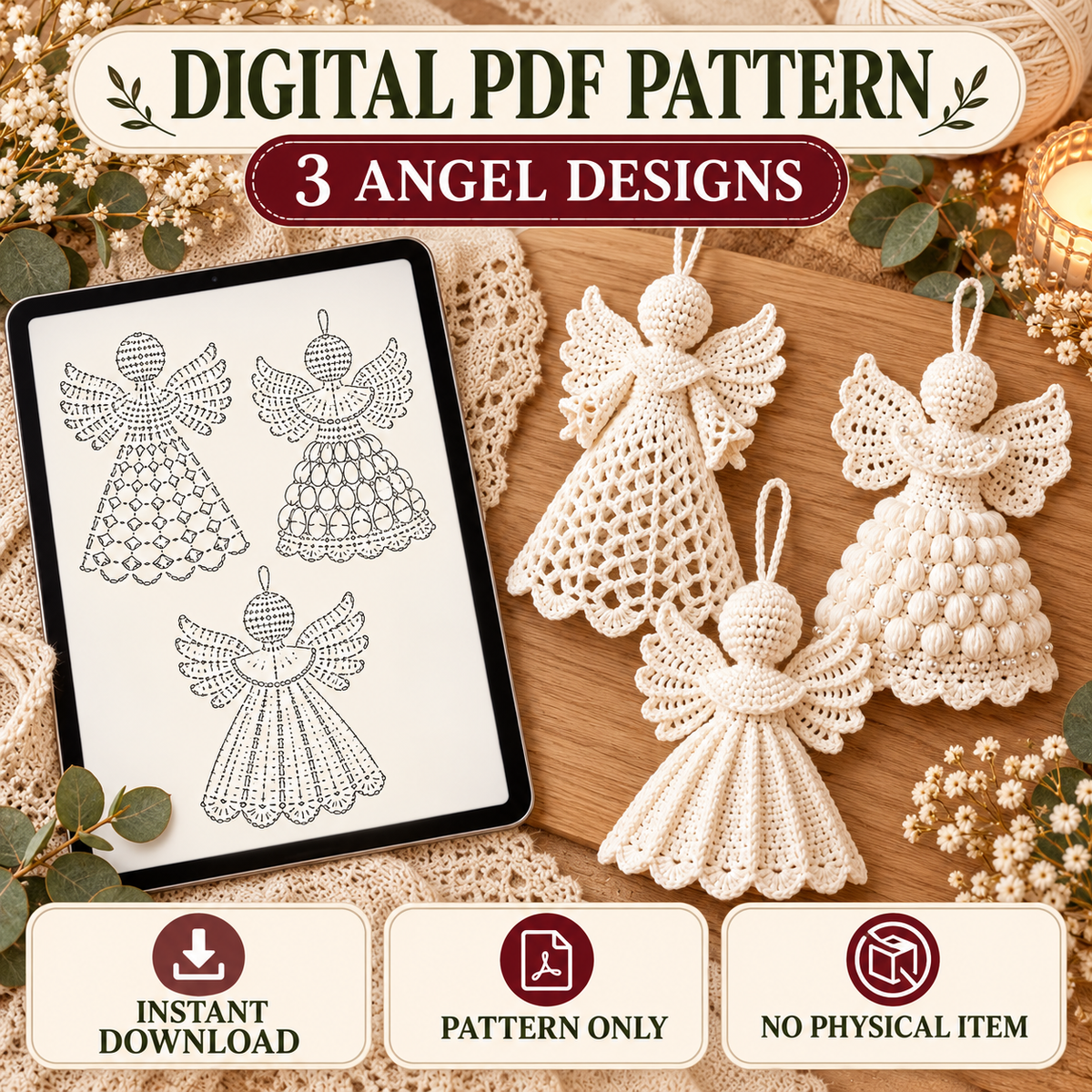 Crochet Angel Ornament Pattern PDF – 3 Christmas Angel Designs