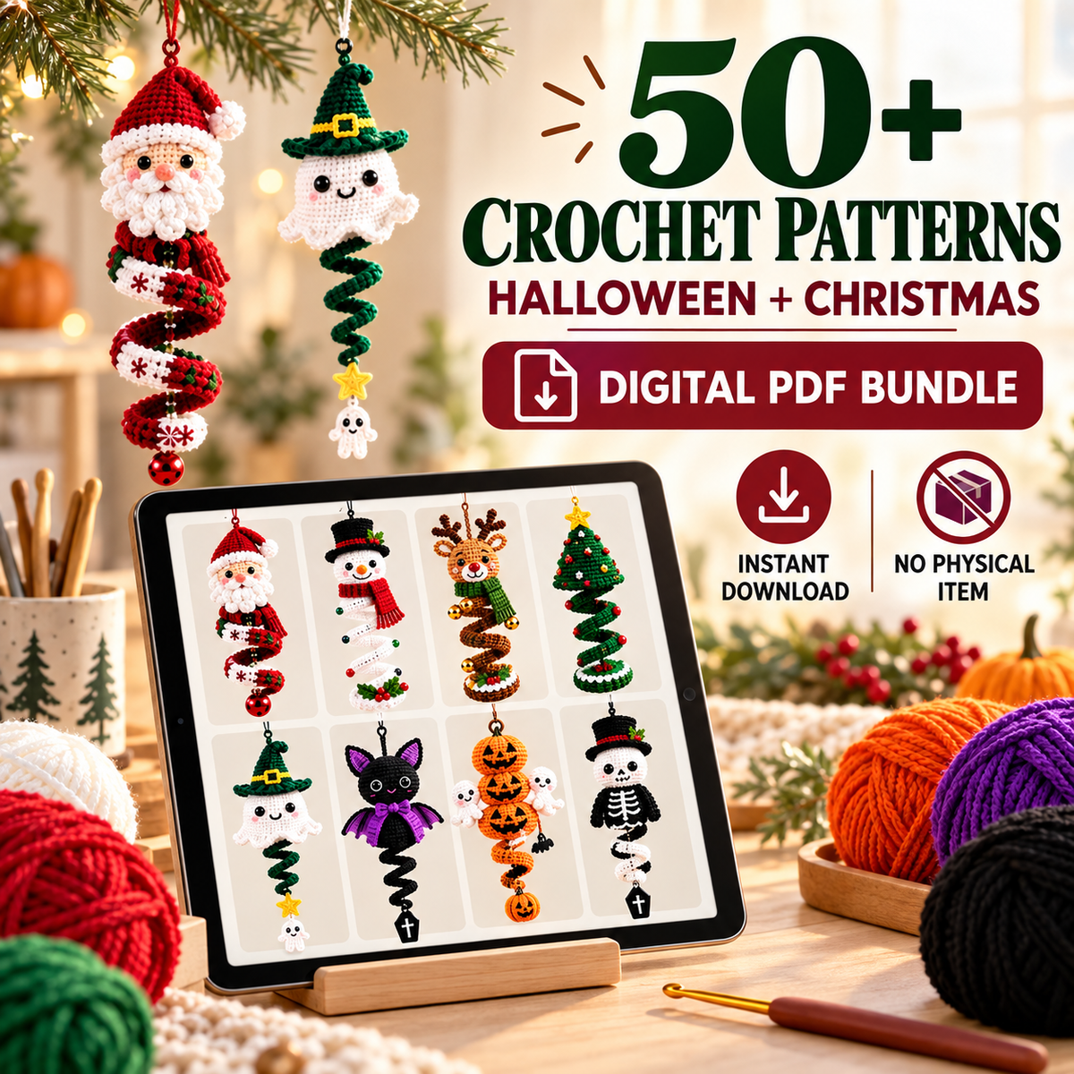 50+ Halloween & Christmas Crochet Spiral Patterns PDF – Holiday Ornament Bundle