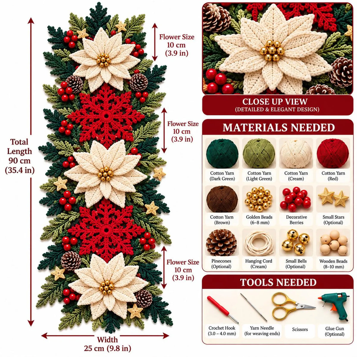 Poinsettia Snowflake Table Runner Crochet Pattern PDF | 3D Christmas Decor