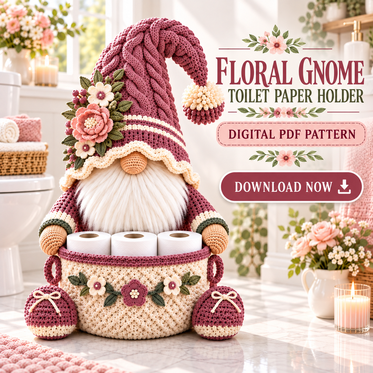 Floral Gnome Toilet Paper Holder Crochet Pattern PDF | Bathroom Basket