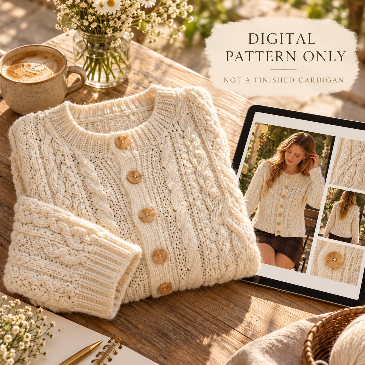 Cable Crochet Cardigan Pattern PDF | Oversized Button-Up Sweater XS–XL