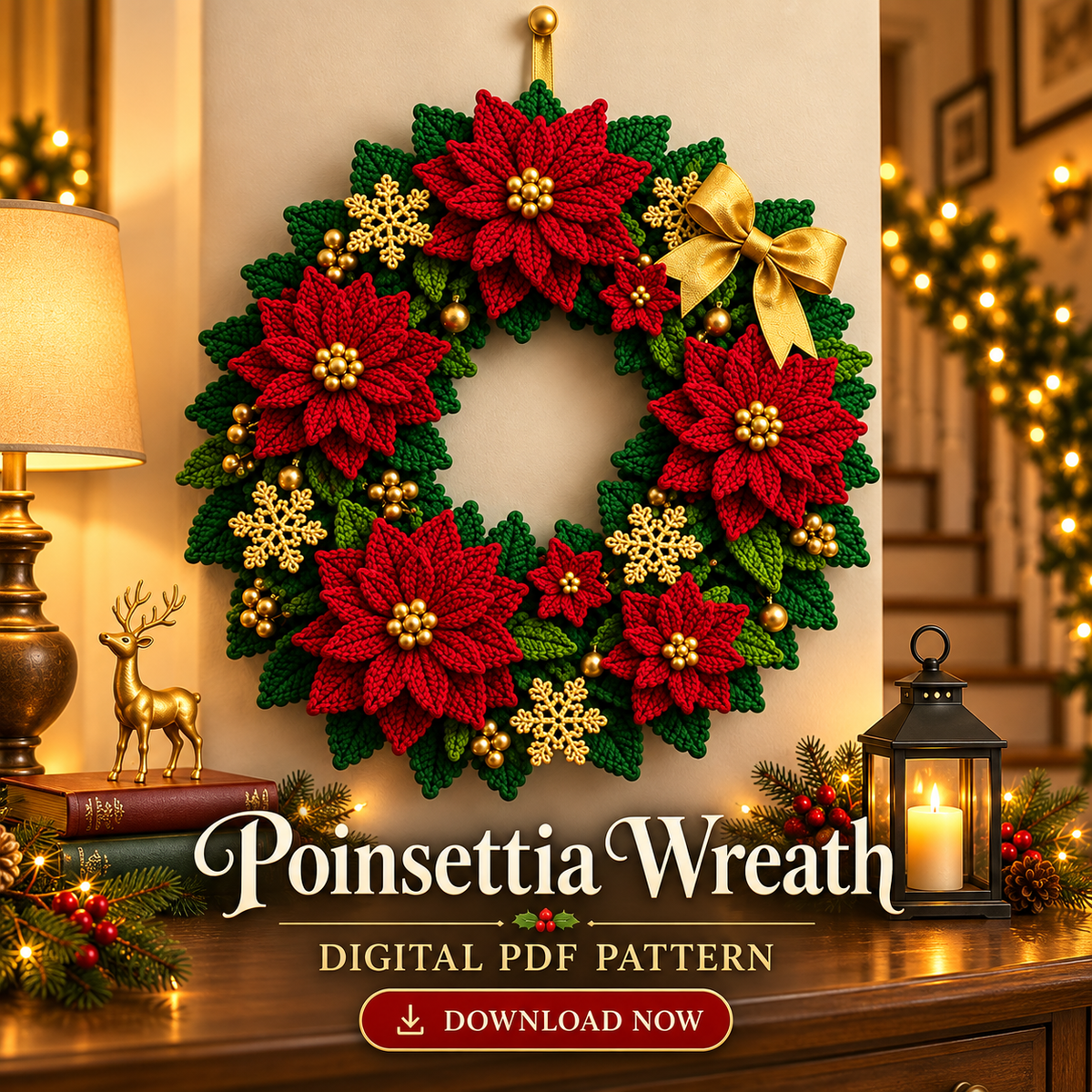 Red Poinsettia Christmas Wreath Crochet Pattern PDF | Holiday Door Decor
