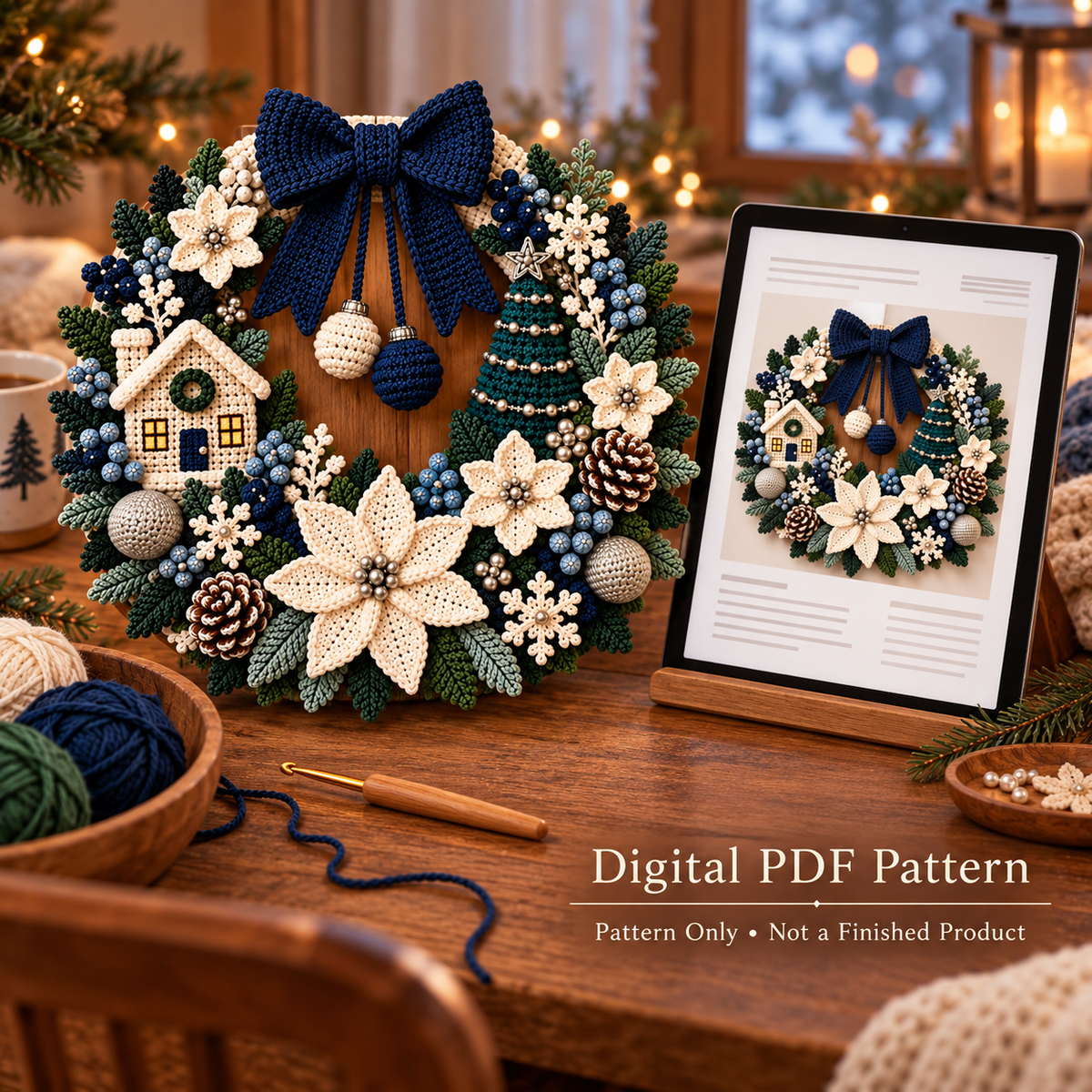 Winter Christmas Wreath Crochet Pattern PDF | Poinsettia Cottage Door Decor