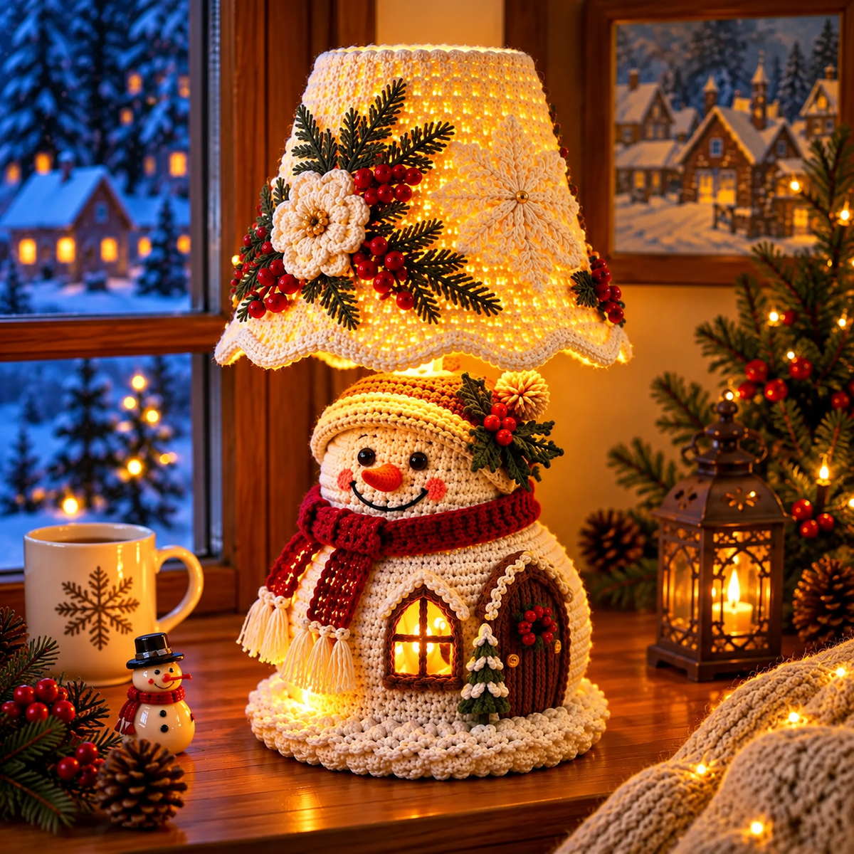 Snowman Crochet Lamp Pattern PDF | Christmas Cottage Light Decor