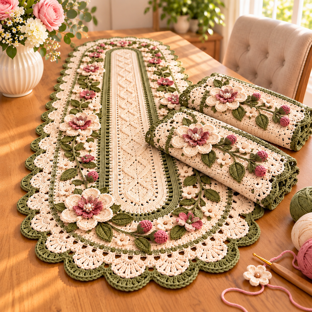 Rose Table Runner Crochet Pattern PDF | 3-Piece Floral Table Decor Set