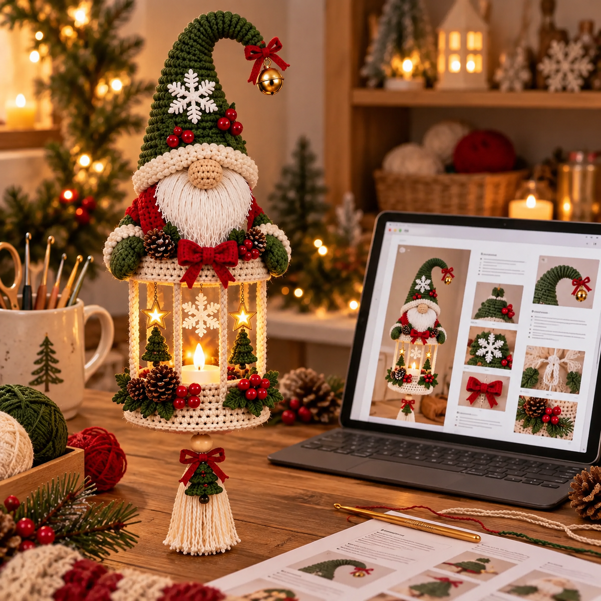 Christmas Gnome Lantern Crochet Pattern PDF | Hanging Holiday Decor