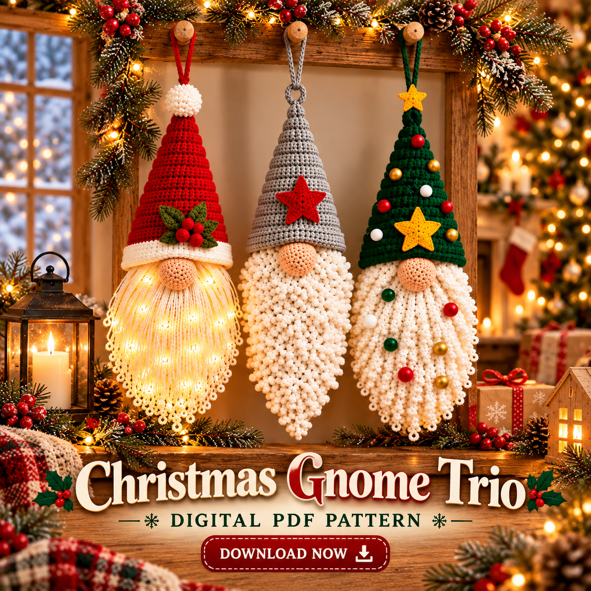 Nordic Christmas Gnome Crochet Pattern PDF | 3 Hanging Ornaments