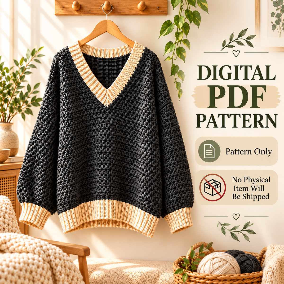 Oversized V-Neck Crochet Sweater Pattern PDF | Chunky Pullover XS–5XL