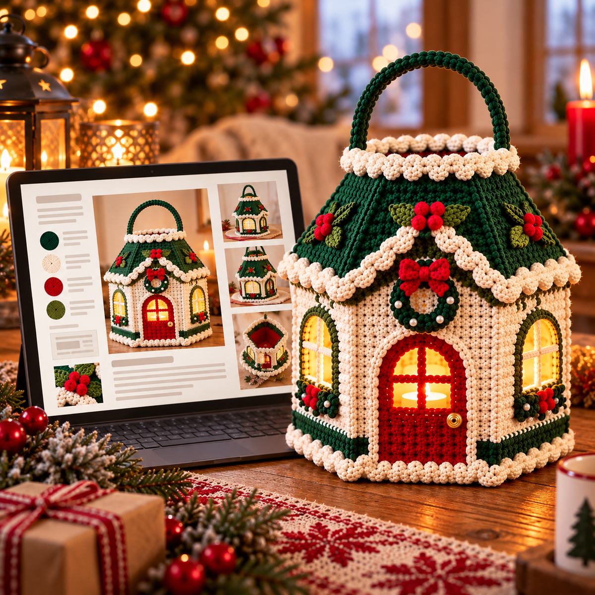 Light Up Christmas Cottage Crochet Pattern PDF | Holiday Lantern Basket