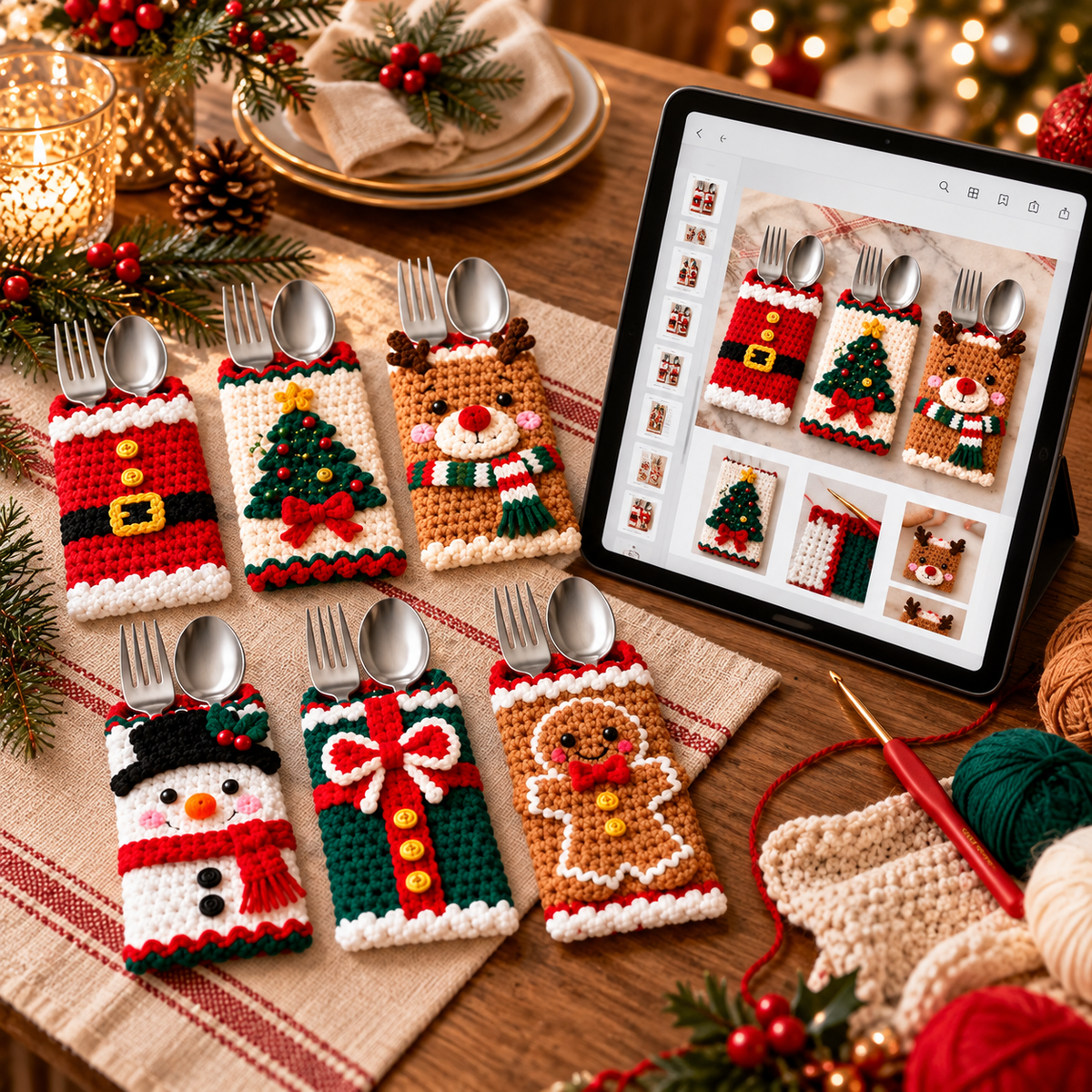 Christmas Cutlery Holder Crochet Pattern Bundle PDF | 10 Holiday Silverware Pockets