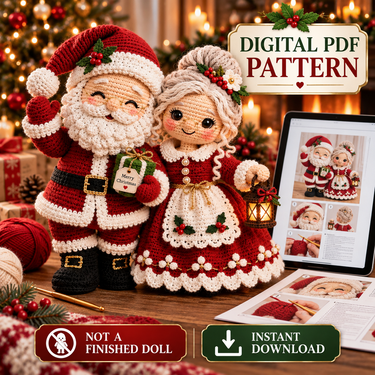 Santa & Mrs. Claus Crochet Pattern PDF | Christmas Amigurumi Doll Couple