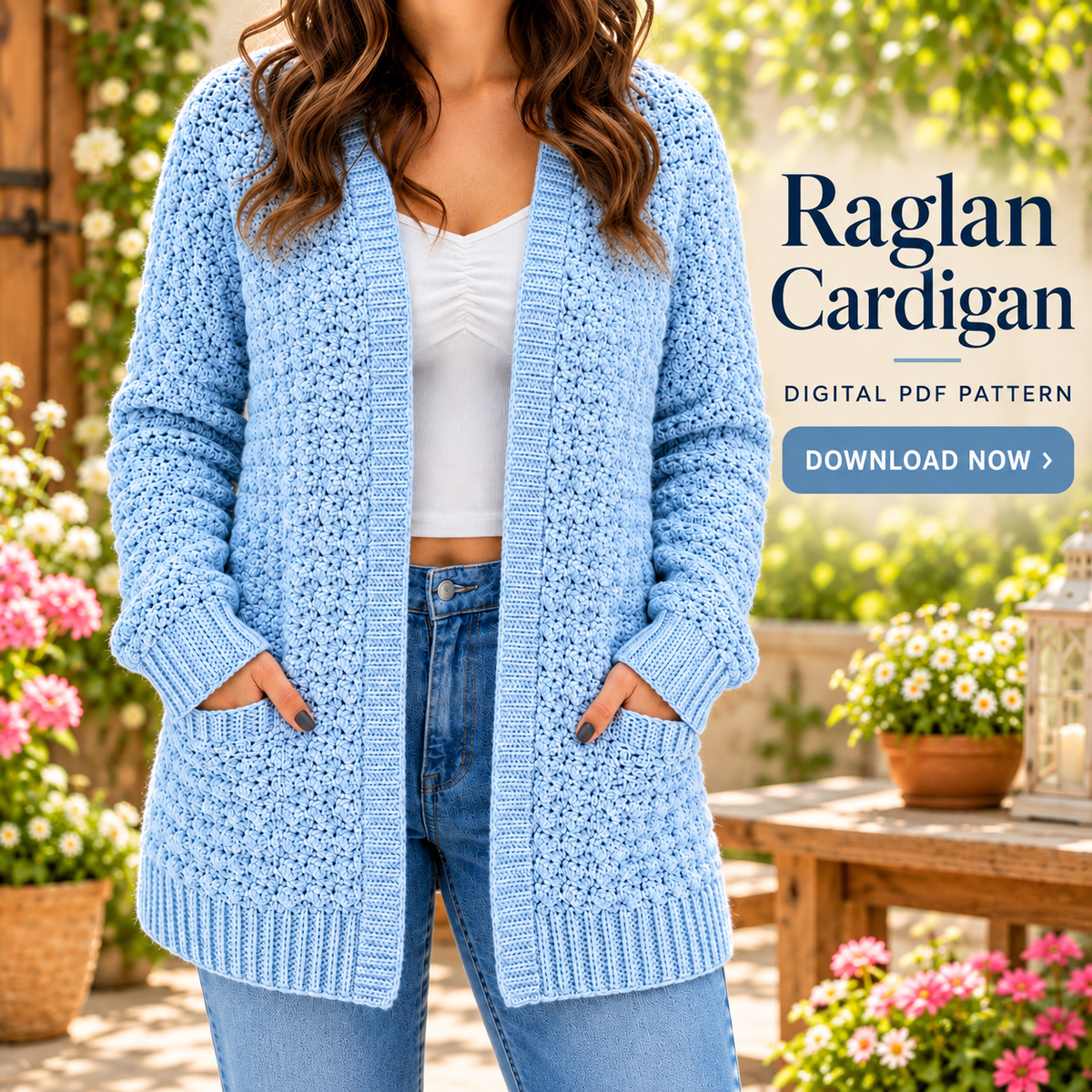 Raglan Crochet Cardigan Pattern PDF | Textured Open Front Sweater with Pockets