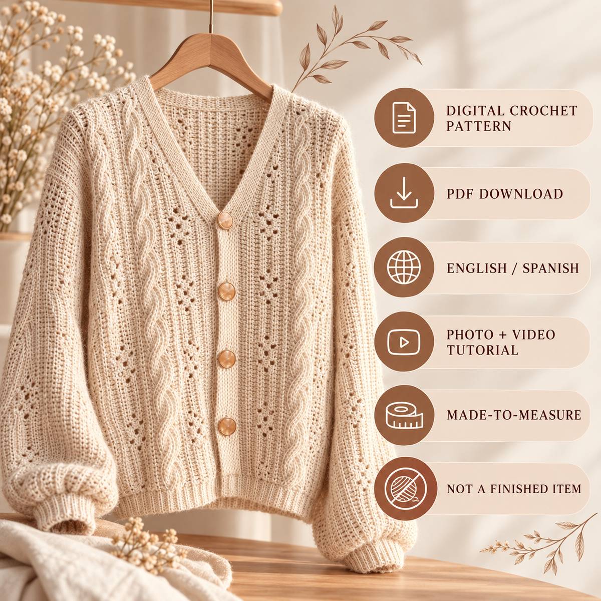 Garden Cable Cardigan Crochet Pattern PDF | Made-to-Measure Women's Sweater