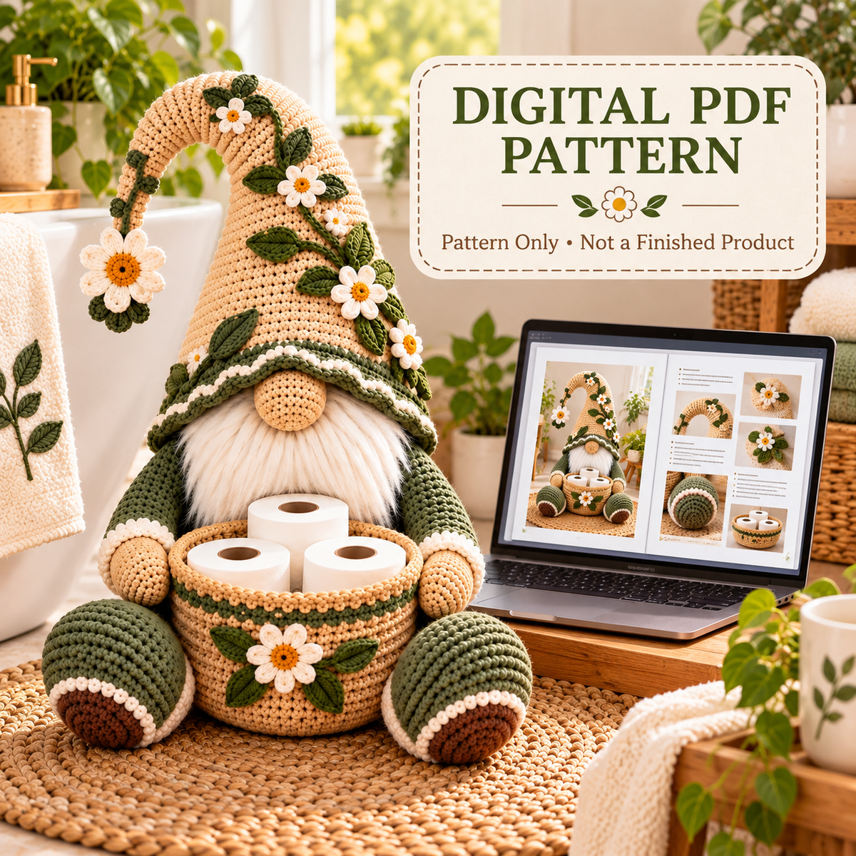 Botanical Gnome Toilet Paper Holder Crochet Pattern PDF | Floral Bathroom Basket