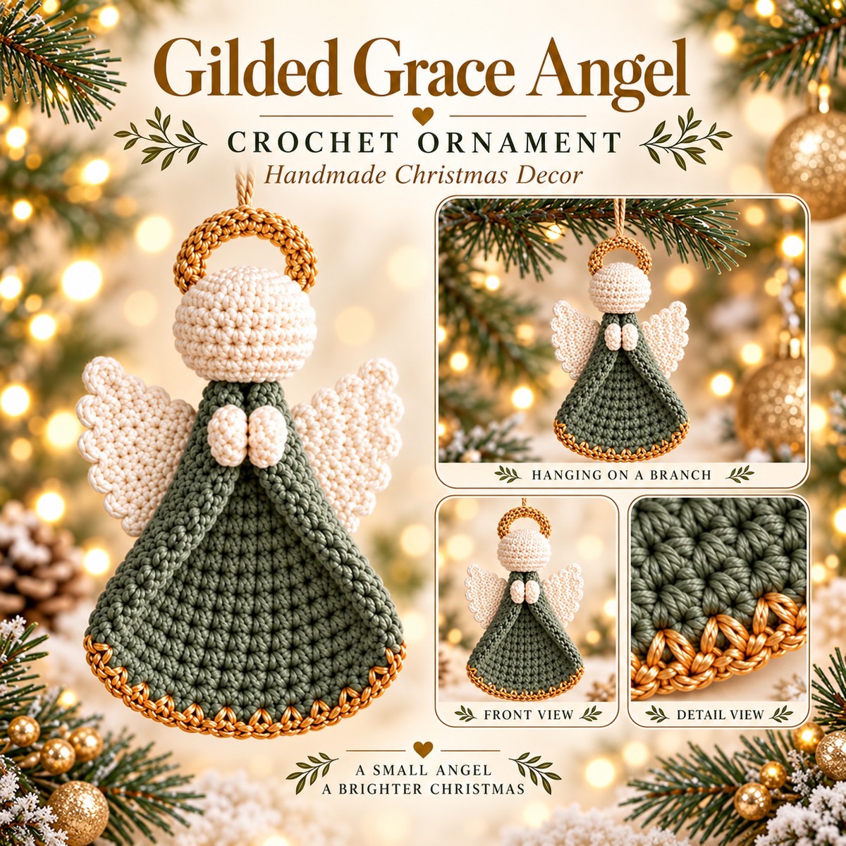 Golden Halo Crochet Angel Ornament Pattern PDF | Christmas Tree Decor