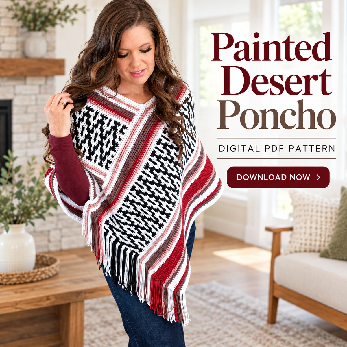Painted Desert Mosaic Crochet Poncho Pattern PDF | Boho Fringe Wrap