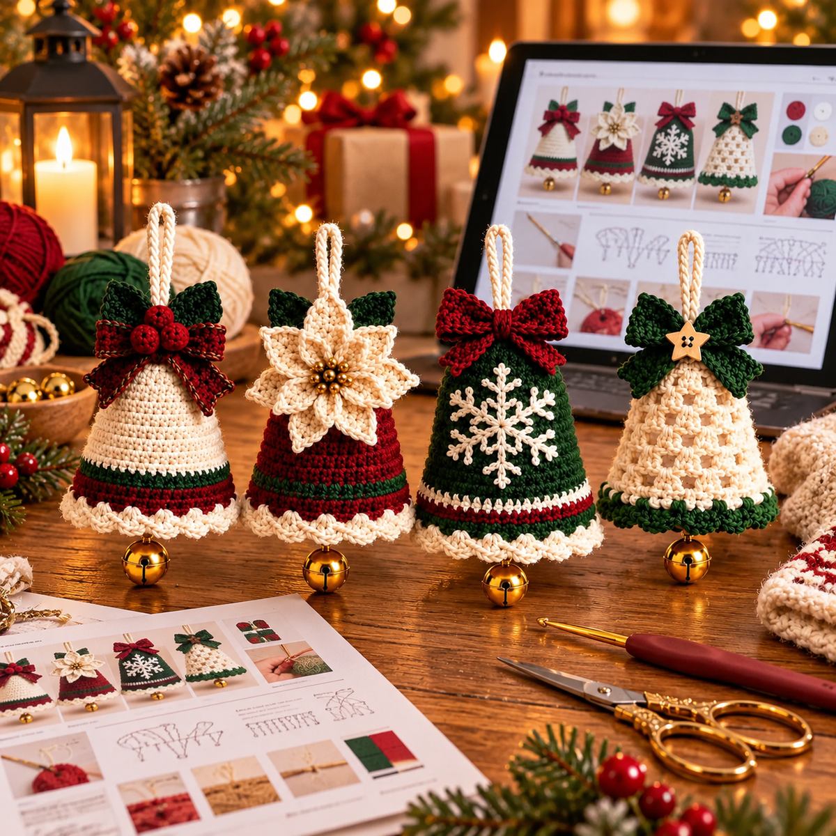 4 Christmas Bell Ornament Crochet Patterns PDF | Poinsettia, Snowflake & Bow