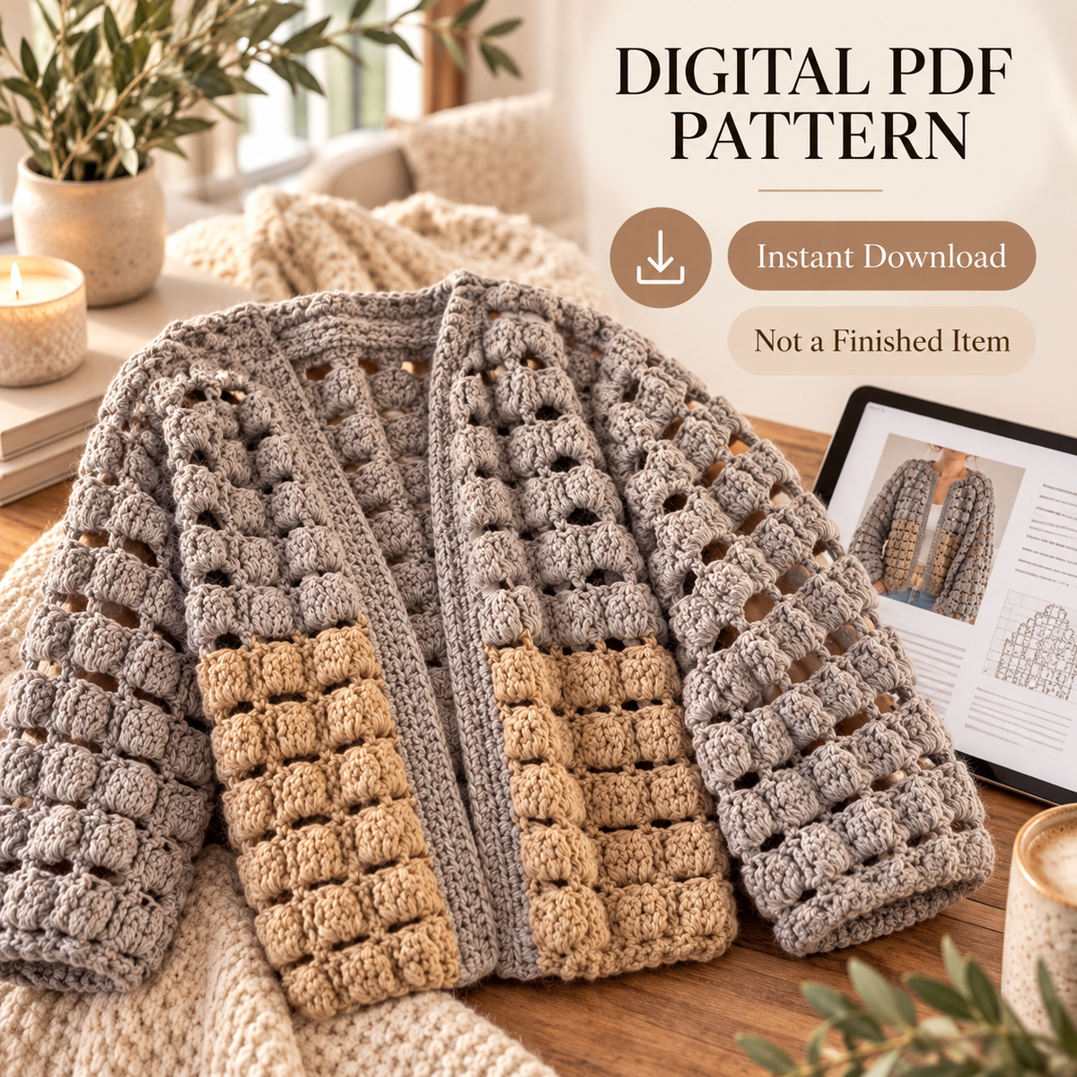 BRIK Crochet Cardigan Pattern PDF | Textured Bobble Stitch Jacket S–XL