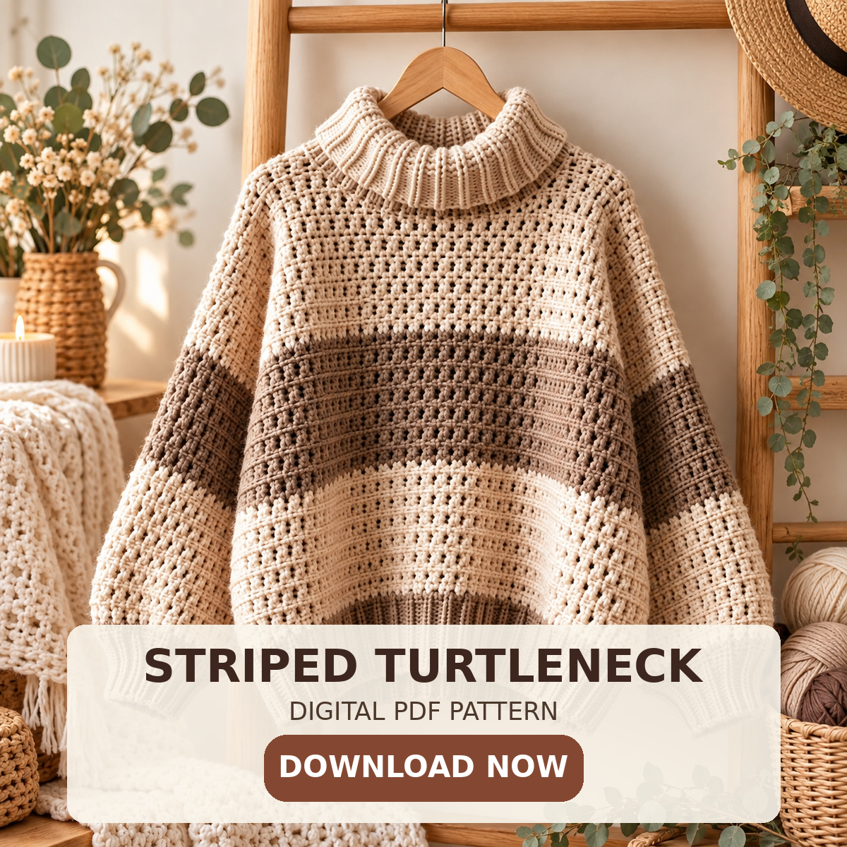 Striped Turtleneck Crochet Sweater Pattern PDF | Sizes XS–5XL