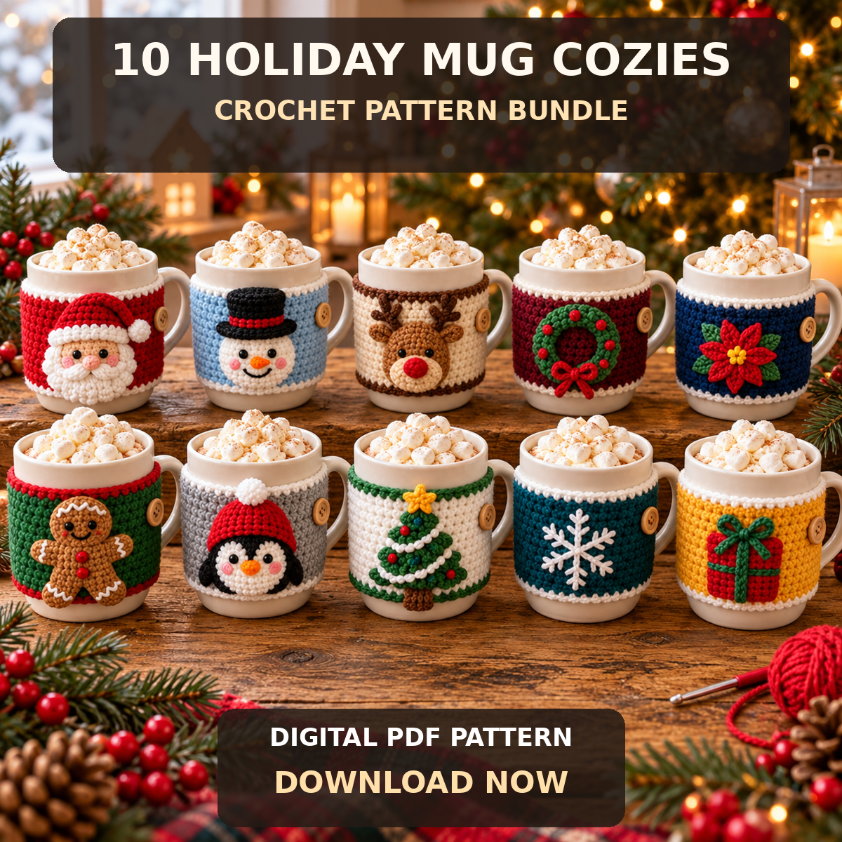 Christmas Mug Cozy Crochet Pattern Bundle PDF | 10 Holiday Designs
