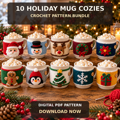 Christmas Mug Cozy Crochet Pattern Bundle PDF | 10 Holiday Designs