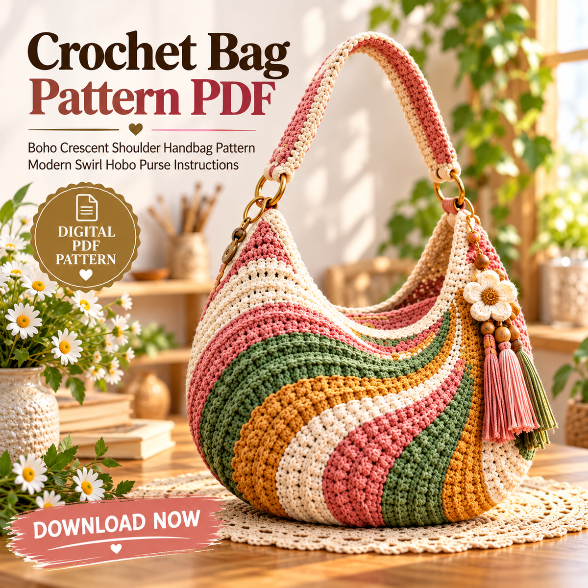 Boho Crescent Crochet Bag Pattern PDF | Colorful Swirl Shoulder Purse