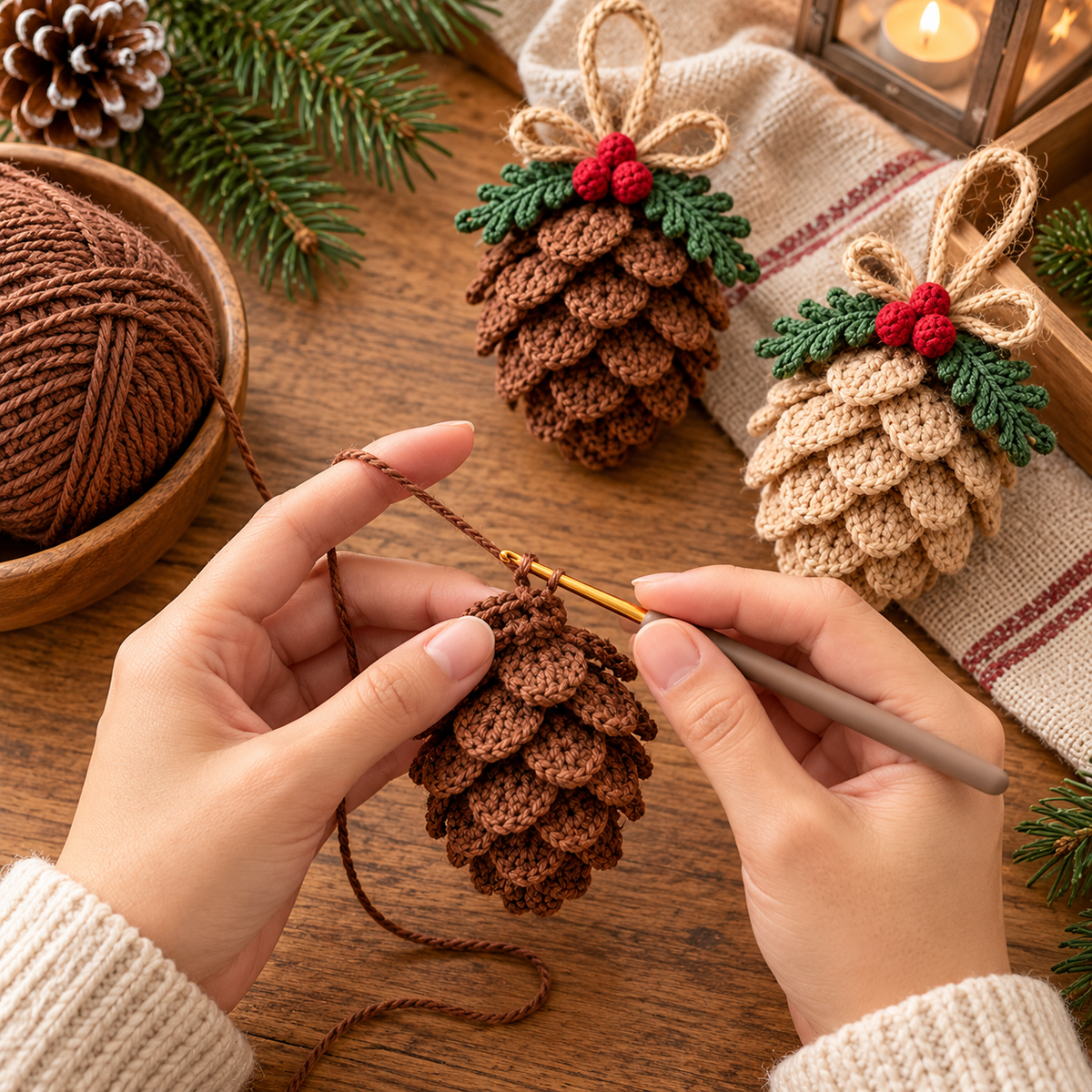 Christmas Pine Cone Crochet Pattern PDF, Rustic Tree Ornament & Holiday Decor