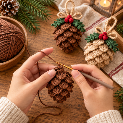Christmas Pine Cone Crochet Pattern PDF, Rustic Tree Ornament & Holiday Decor