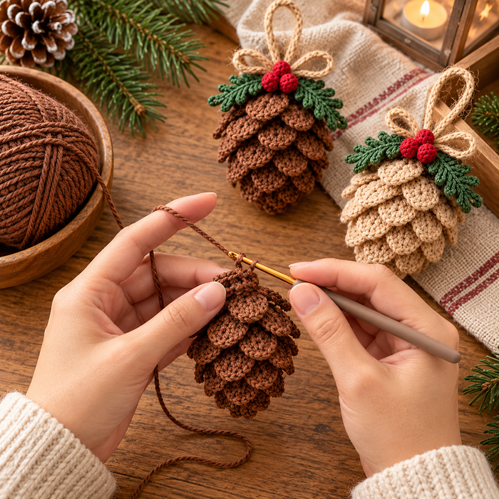 Christmas Pine Cone Crochet Pattern PDF, Rustic Tree Ornament & Holiday Decor