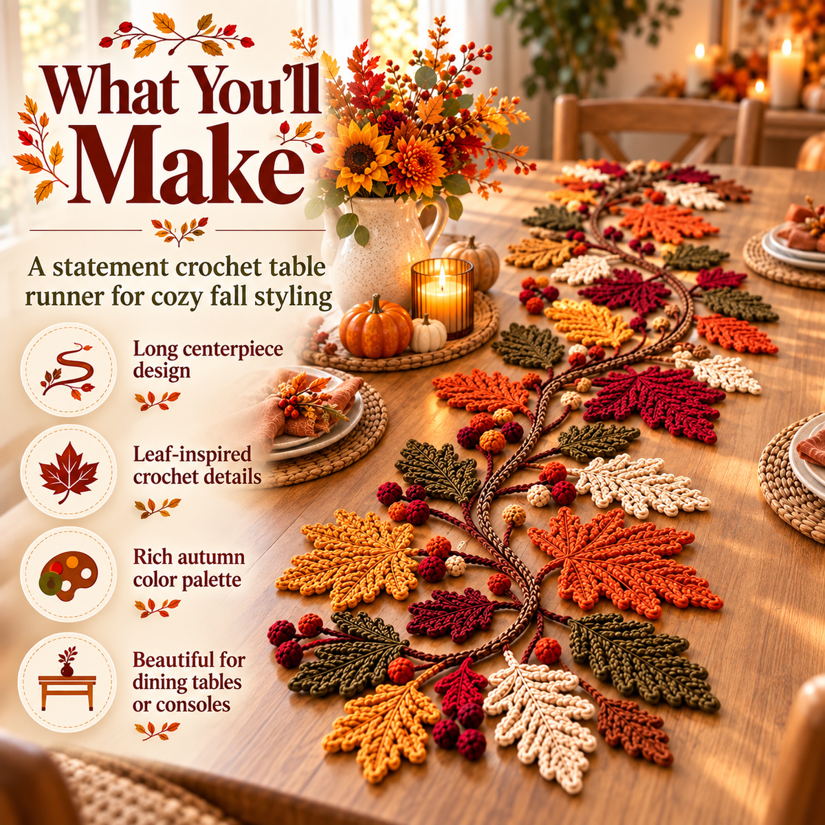 Autumn Leaf Table Runner Crochet Pattern PDF – Fall Home Decor