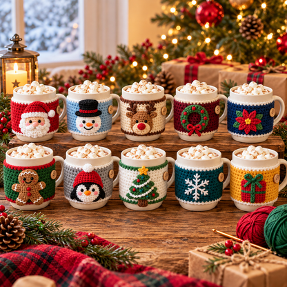 Christmas Mug Cozy Crochet Pattern Bundle PDF | 10 Holiday Designs