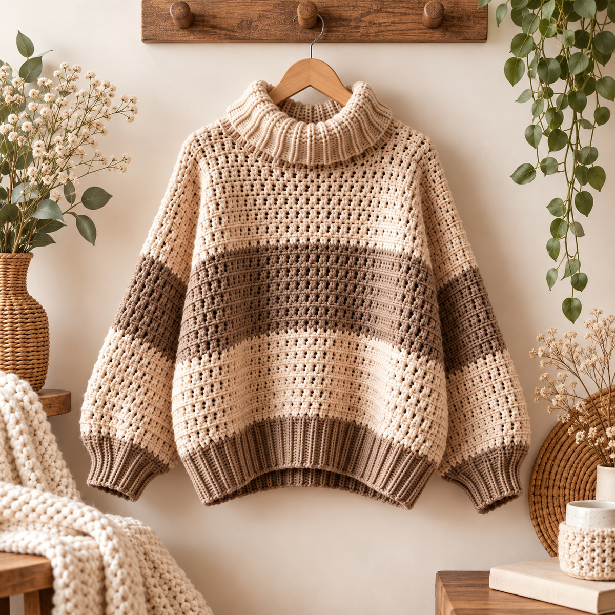 Striped Turtleneck Crochet Sweater Pattern PDF | Sizes XS–5XL