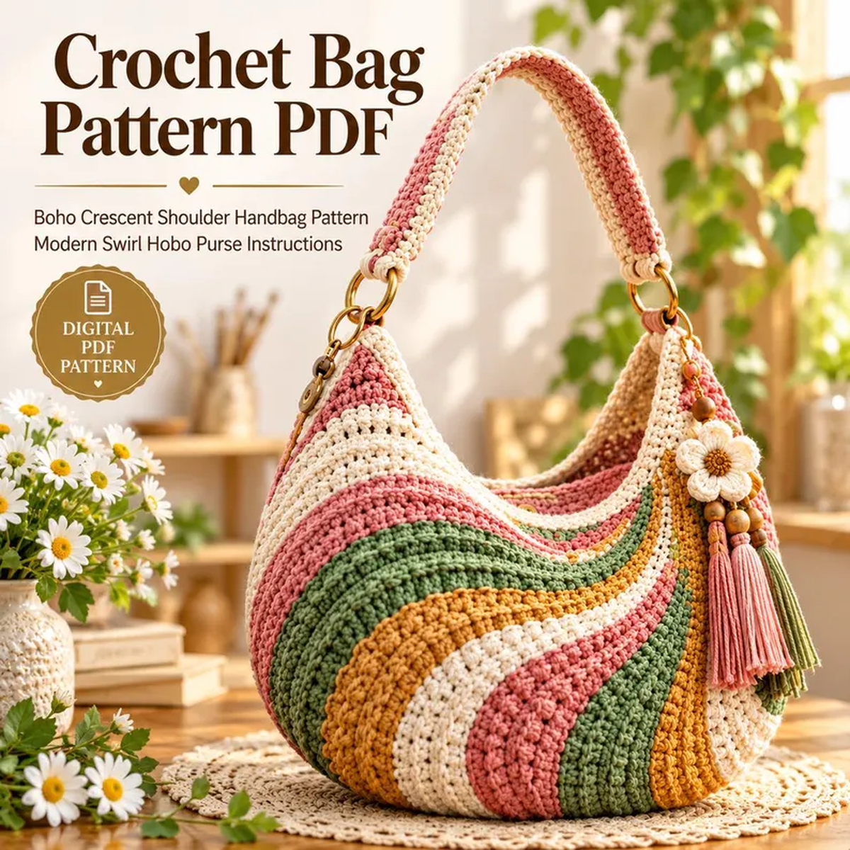 Boho Crescent Crochet Bag Pattern PDF | Colorful Swirl Shoulder Purse